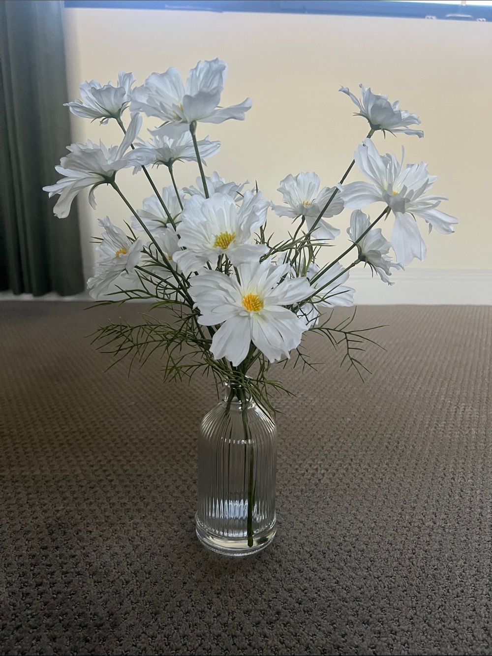 White Artificial Cosmos Bouquet in Clear Ribbed Glass Vase